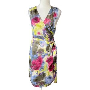 Banana Republic Dress Womens Small Multicolor Silk Floral Wrap Sleeveless Summer